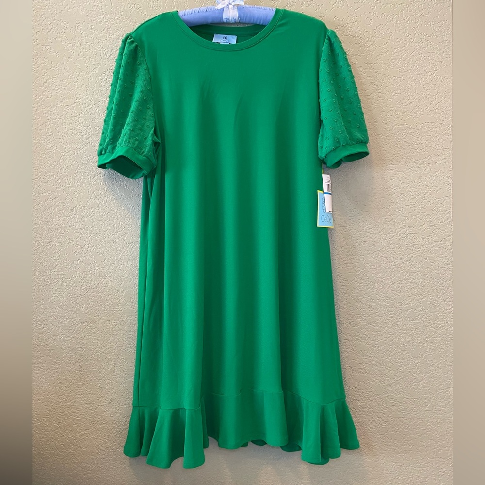 CeCe NWT Lush Green Dress, Size XL, French Dot Short Sleeves, Ruffle Hem, Cute!